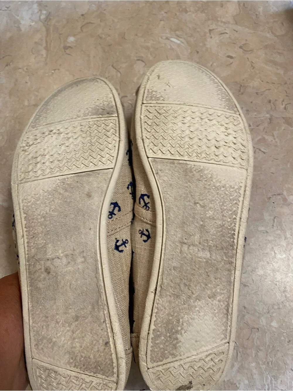 Toms Natural Canvas Loafers with Navy Anchor Print and Orange Lining
